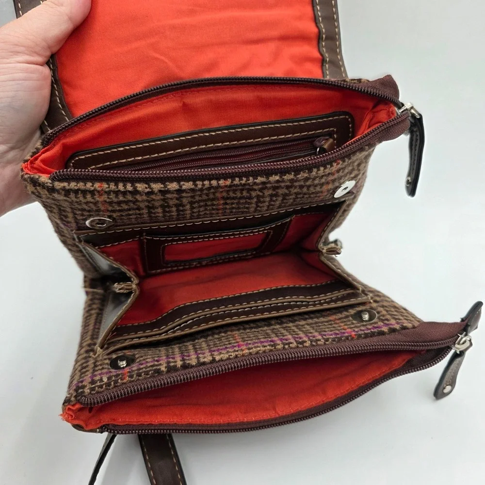 Chaps‎ Vintage Brown Houndstooth Plaid Wool Crossbody Bag Mid 2000s Messenger